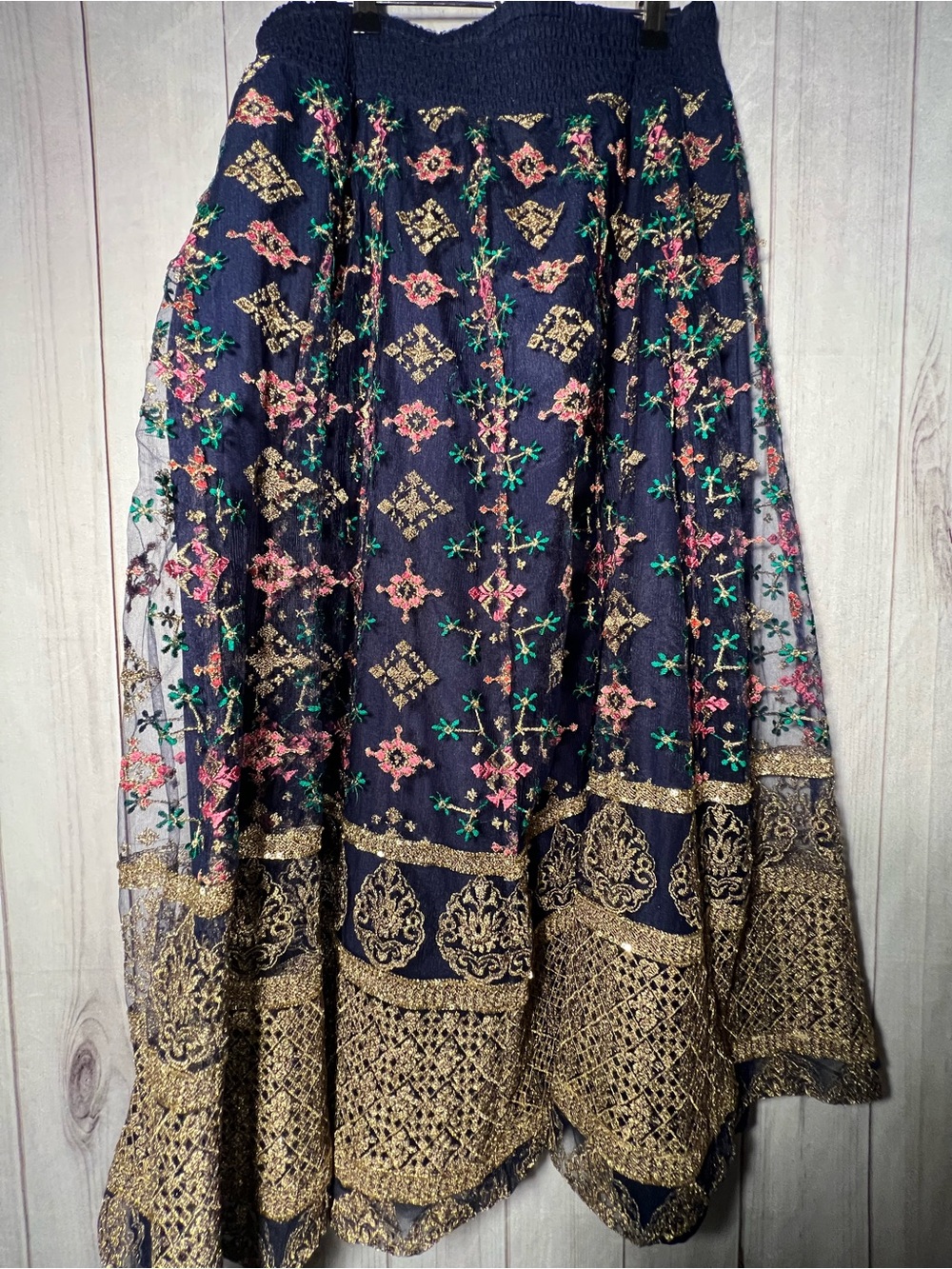 Soft Surroundings Navy Embroidered Circle Skirt with Gold Accents